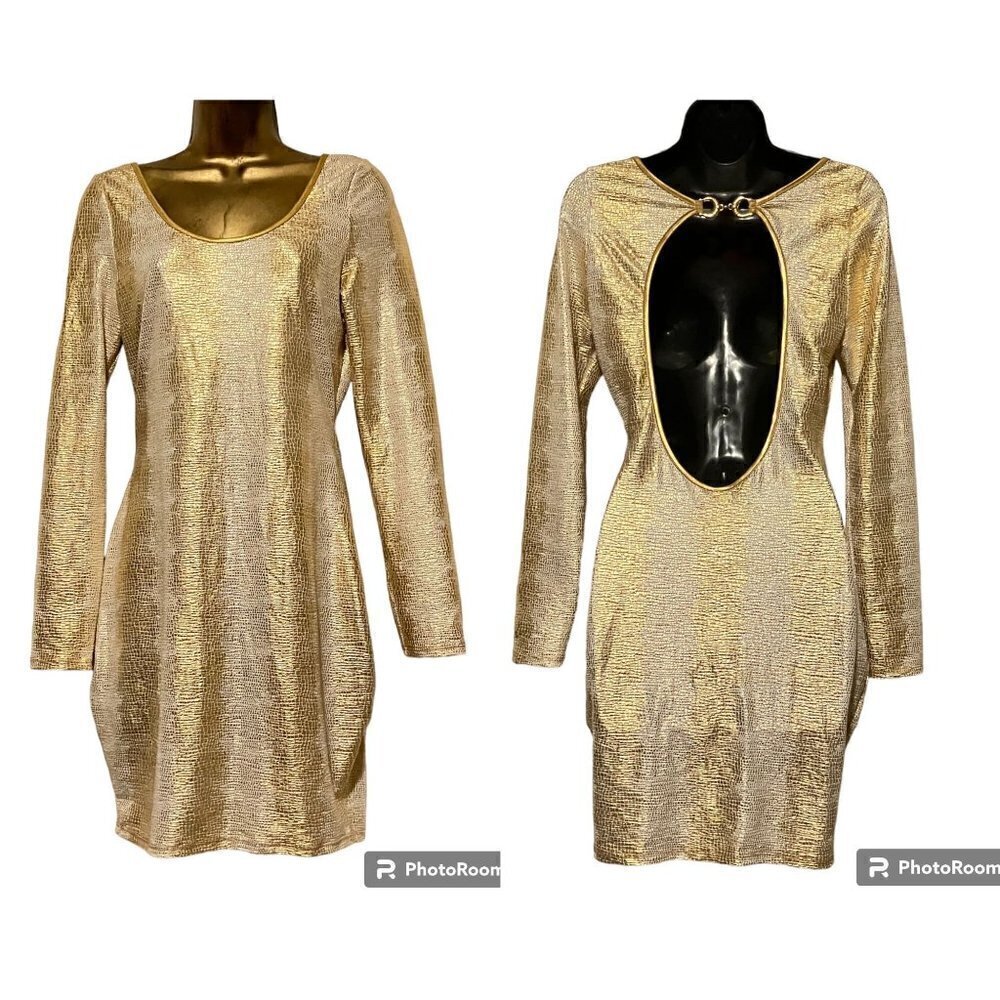 Y2k Gold Lame Bodycon Crocodile Print Open Back Horse Bit Hardware Mini Dress M